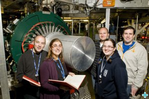 First users on the new HiFi muon instrument at ISIS.(left to right) Dr Alan Drew, Dr Laura Nuccio, Leander Schulz, Maureen Willis (Queen Mary University of London) and Dr Iain McKenzie (ISIS). The first HIFI users