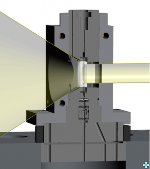 3D CAD view of the head crossed by the neutron beam. Liquids are introduced from the bottom using syringes driven independently and mixed right below the beam. Head (stopped-flow)