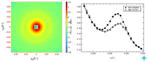 2D SANS profile (left) of a D2O-infiltrated tobacco leaf and radially averaged curves (right) obtained during the onset of photosynthesis. Figure courtesy of Renáta Ünnep. SANS: Periodicity and light-induced changes in the ultrastructure of thylakoid membranes in higher plant leaves